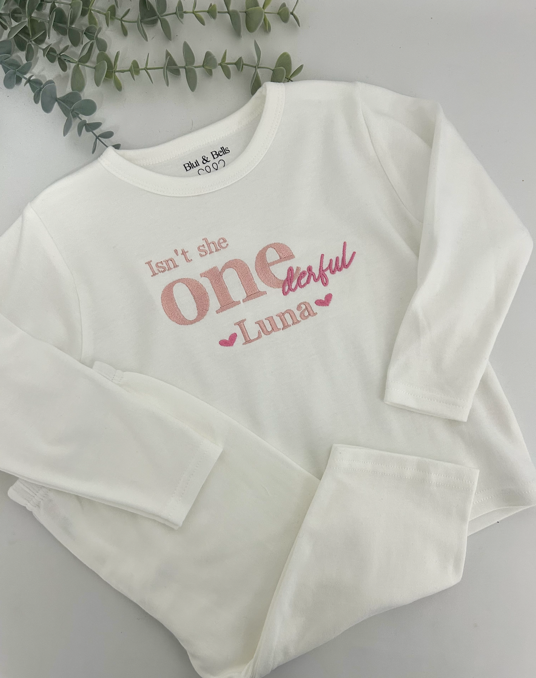 'Isn't she ONE derful' long sleeve Frilly/Plain Birthday pjs