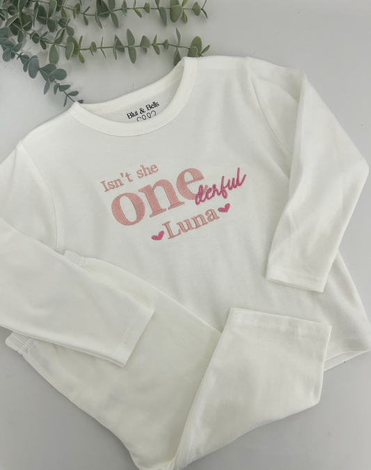 'Isn't she ONE derful' long sleeve Frilly/Plain Birthday pjs